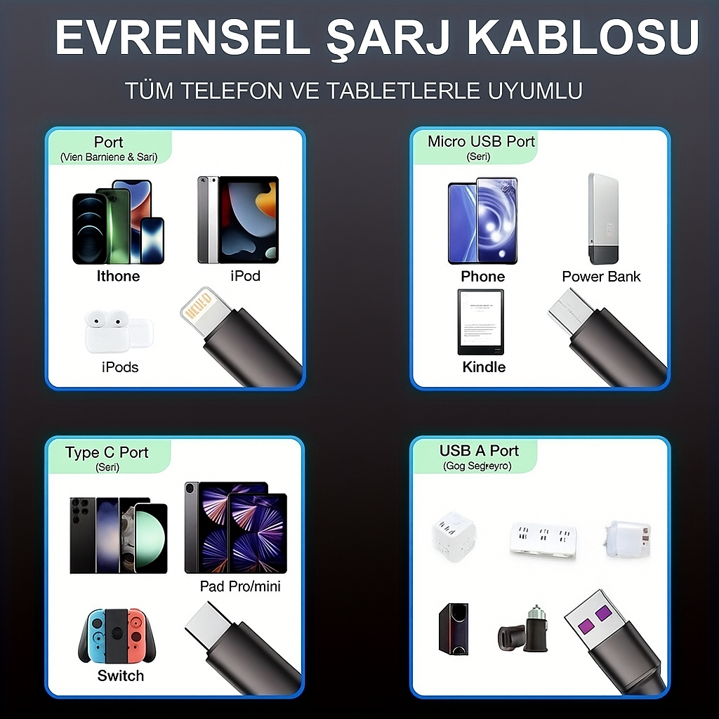 RGB Işıklı 3ü1 Arada Hızlı Şarj Kablosu 6 A EVRENSEL KABLO